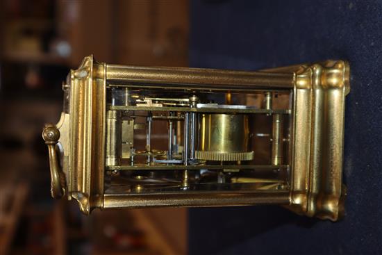 A French brass carriage clock by Ellis of Exeter and Paris, No. 905, lower platform escapement movement with push repeat and key height